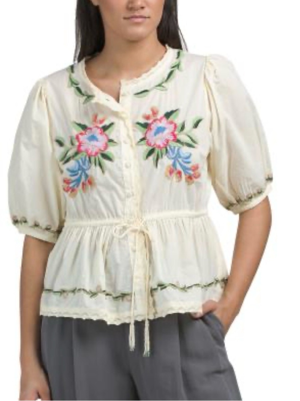 NWT Jennifer & Grace Cream Cotton Embroidered Peplum Women’s Top XL